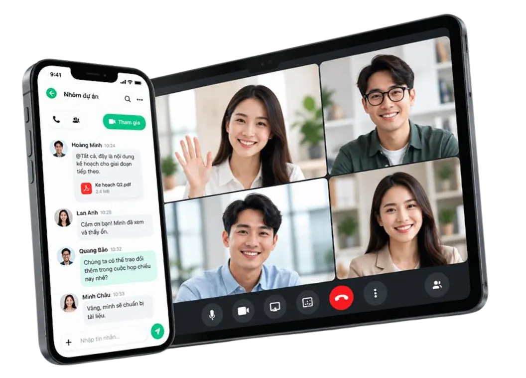Cuộc gọi video nhóm trên máy tính bảng và tin nhắn nhóm dự án trên điện thoại