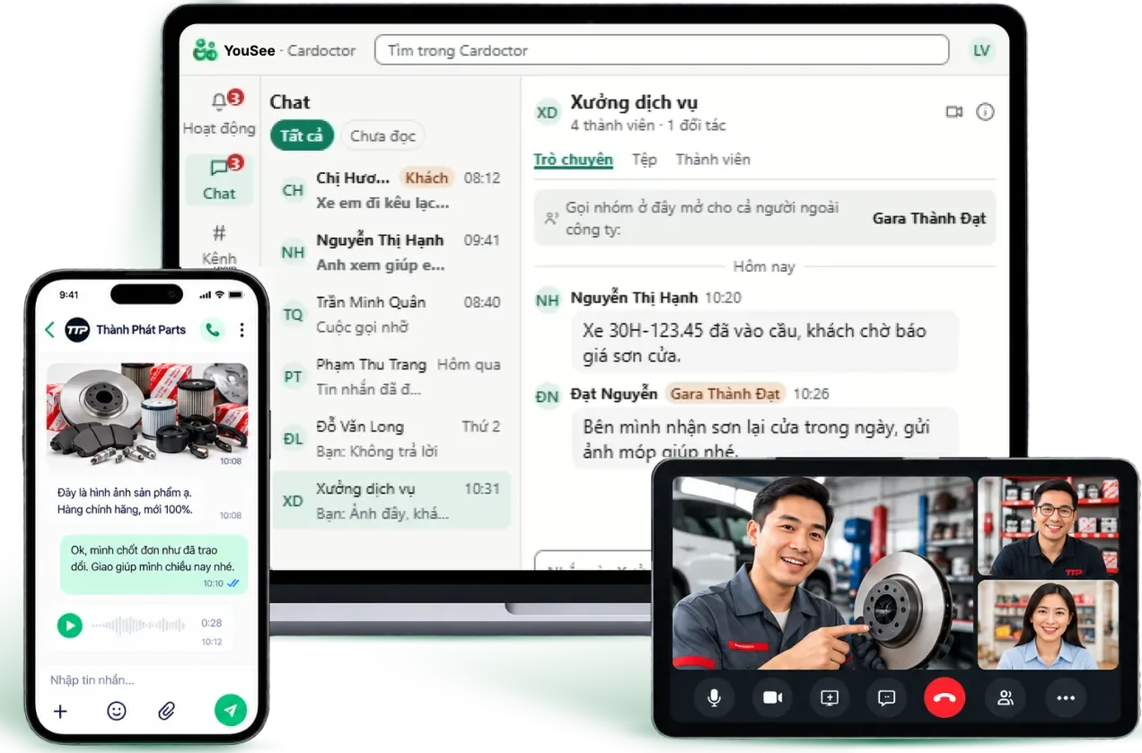 YouSee trên máy tính, điện thoại và cuộc gọi video: danh sách hội thoại, khách hàng nhắn hẹn sửa xe và cuộc gọi với kỹ thuật viên